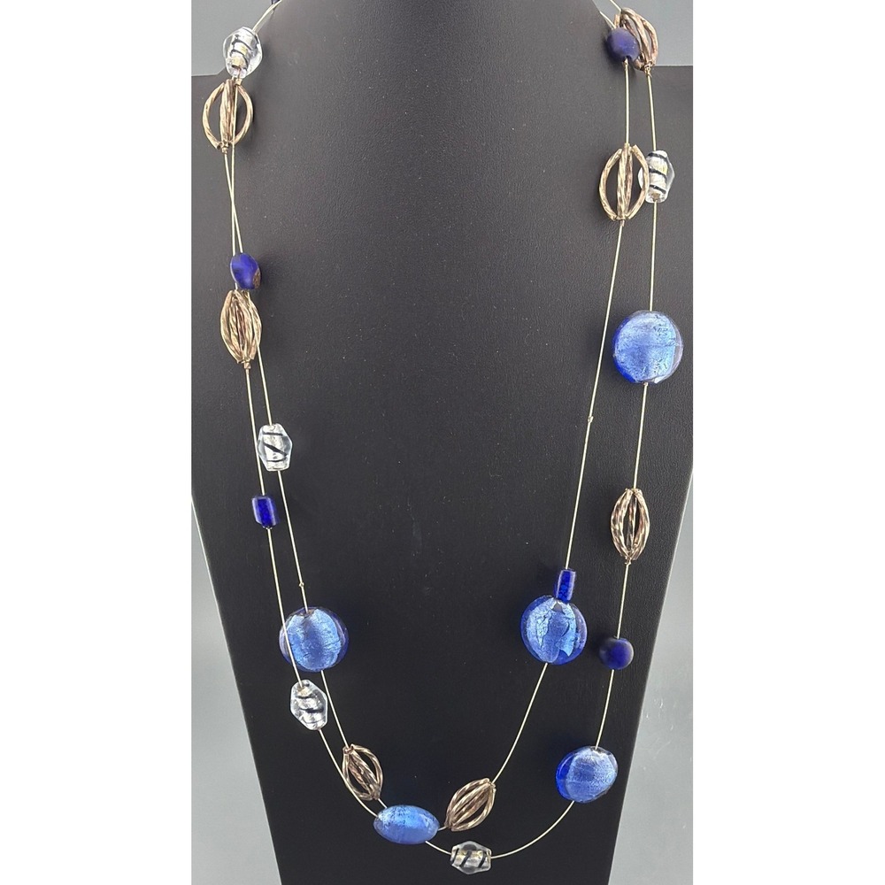 Vintage Necklace Cobalt Blue Glass Beads Sterling Silver Cage Beads 925 60"